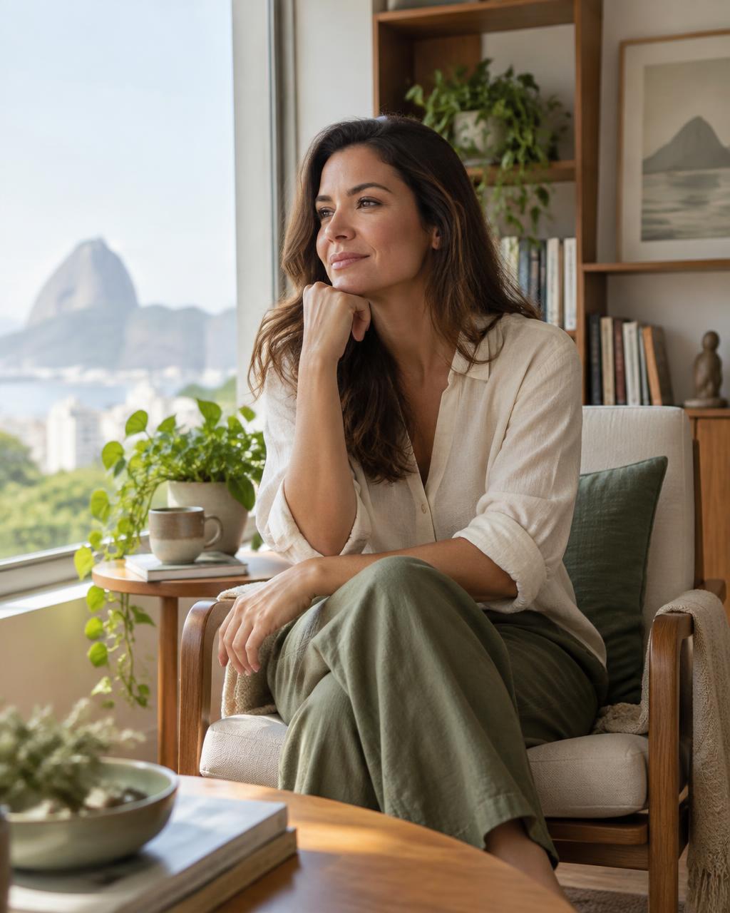 Pessoa em momento sereno de reflexão junto à janela